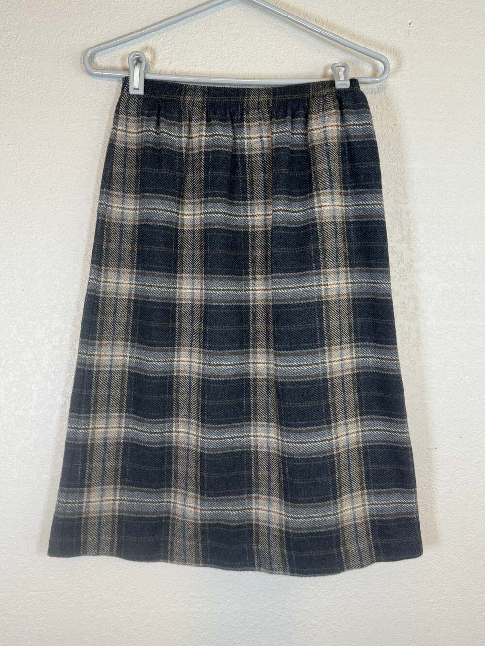Vintage Dark Plaid Midi Skirt Wool Blend Womens Small Dark Academia Blue Gray